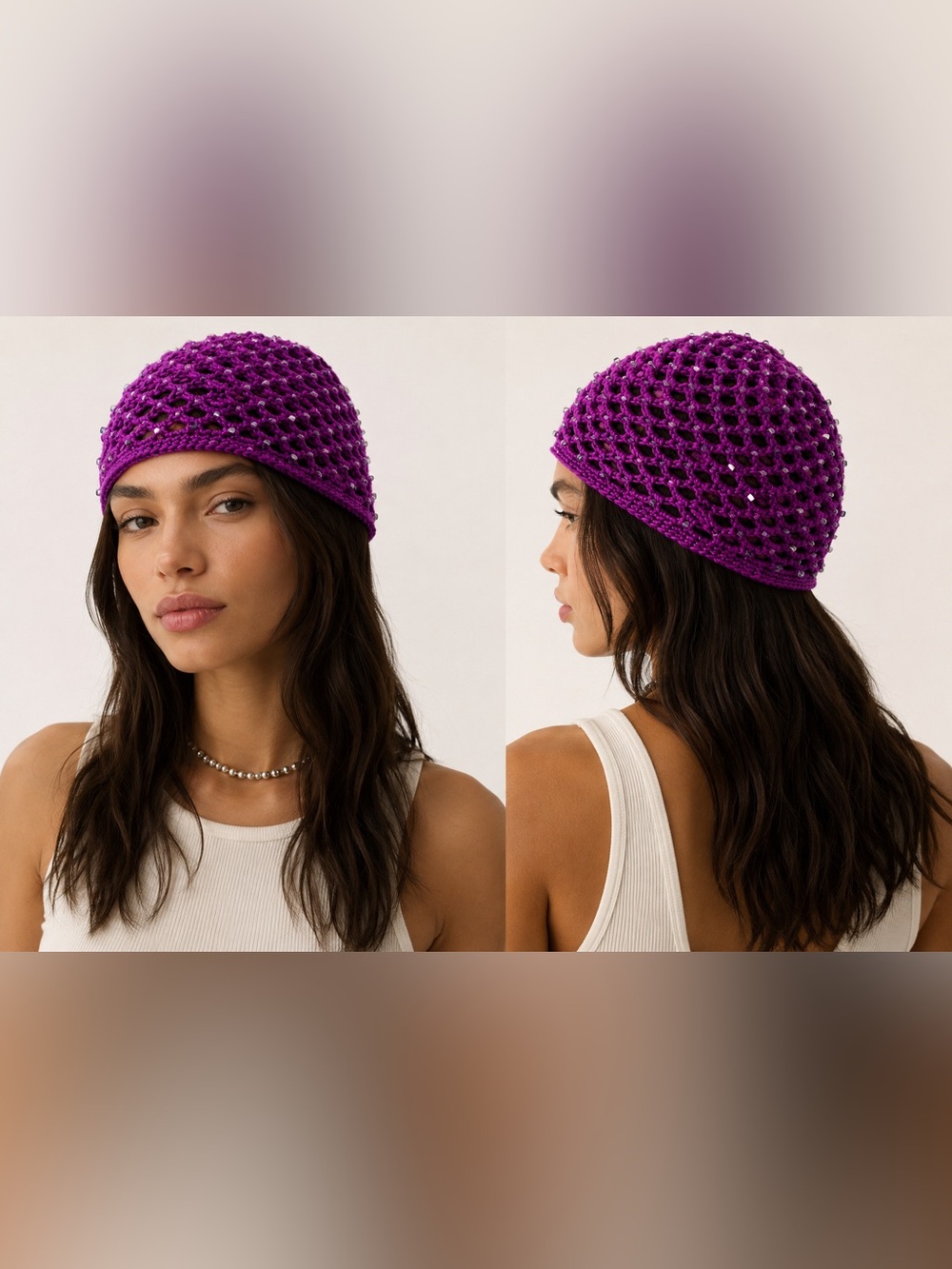 Zara Purple Beaded Crochet Cap Skullcap Hat